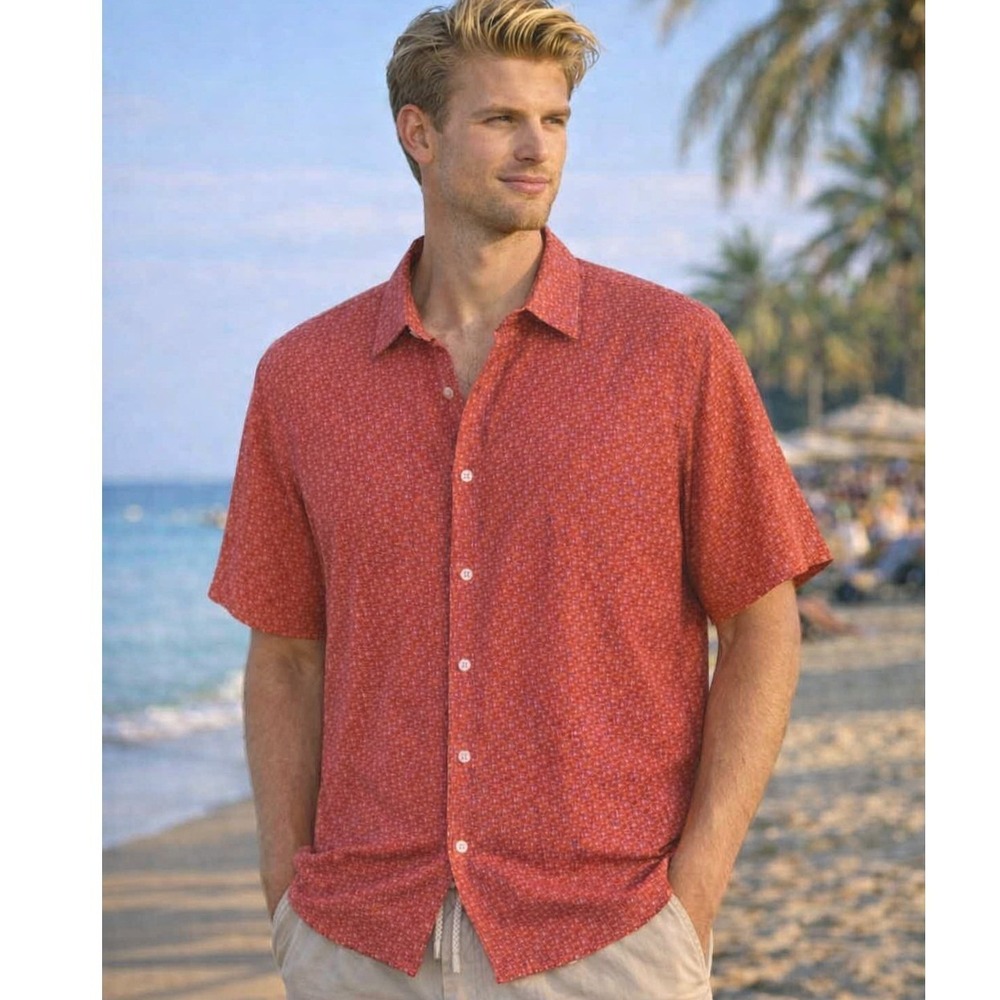 Vintage Silk Circa 1969 100% Silk Mens Button Up Shirt Red Geometric Size XL